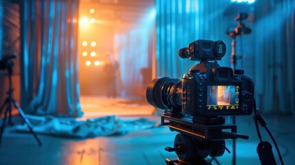 Professional Camera Setup in a Studio with Dramatic Lighting for Film or Video Production