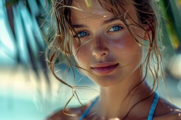 Wall Mural - Beautiful young woman with freckles is posing under palm tree