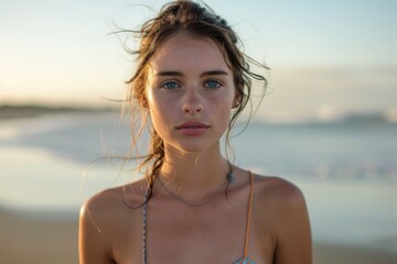 Wall Mural - Beautiful young woman with freckles is posing on the beach at sunset