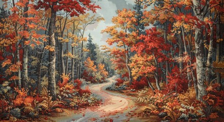 Wall Mural - Autumn Forest Path With Red and Yellow Leaves on a Cloudy Day
