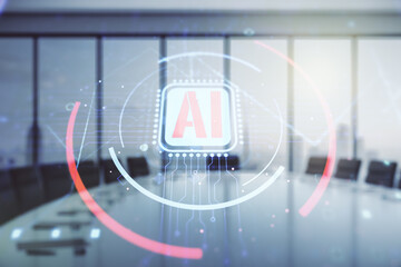 Poster - Double exposure of creative artificial Intelligence abbreviation hologram on a modern boardroom background. Future technology and AI concept