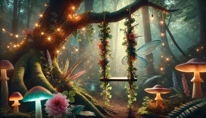 Wall Mural - A whimsical fairy swing hanging from a sturdy tree branch in an enchanted forest. The swing is adorned with delicate flowers, ivy, and twinkling light