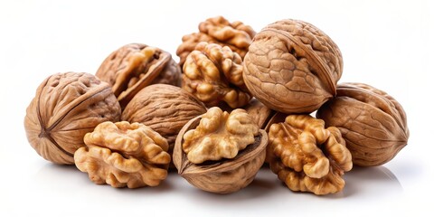 Poster - Fresh walnuts isolated on a white background, healthy, organic, food, nut, walnut, whole, shell, nutritious, snack