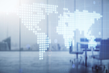 Aufkleber - Multi exposure of abstract graphic world map hologram on a modern furnished office interior background, connection and communication concept