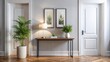 © DigitalArt Max - Modern minimalistic 5x7 vertical frame sits on a sleek console table in a bright and airy Living Room Entryway Hall.