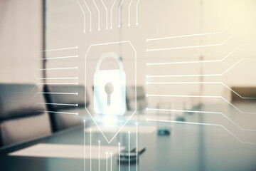 Poster - Virtual creative lock illustration with microcircuit on a modern coworking room background, cyber security concept. Multiexposure