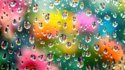 Wall Mural - raindrops on a window, with each droplet reflecting a colorful garden in the background