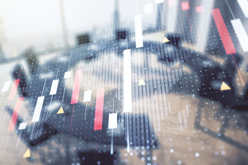 Poster - Multi exposure of virtual abstract financial graph hologram and world map on a modern furnished classroom background, financial and trading concept