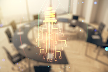 Poster - Virtual creative idea concept with light bulb and microcircuit illustration on a modern conference room background. Neural networks and machine learning concept. Multiexposure