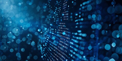 Abstract background of streaming binary code on blue background. Concept of coding, programming, data flow, technology, software, and cybersecurity.