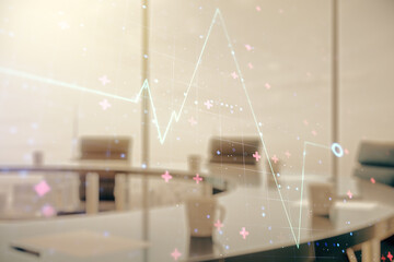Poster - Abstract virtual heart rate sketch on a modern boardroom background, Medicine and healthcare concept. Multiexposure