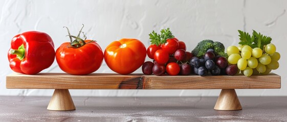 A wooden tray with a variety of fruits and vegetables, including tomatoes