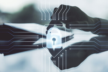 Poster - Creative idea concept with lock symbol and microcircuit illustration and with finger clicks on a digital tablet on background. Protection and firewall concept. Multiexposure