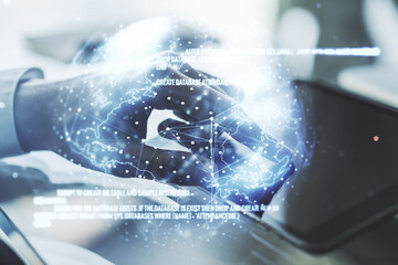 Poster - Double exposure of abstract creative programming illustration with world map and finger clicks on a digital tablet on background, big data and blockchain concept