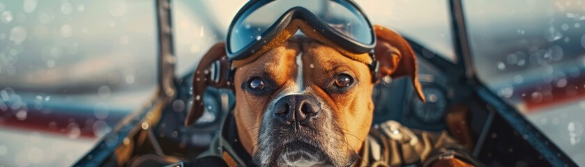 A dog is wearing goggles and is sitting in the cockpit of an airplane