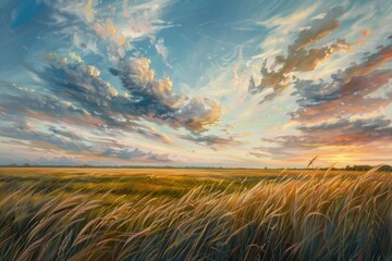 sunset tall grass. kansas summer landscape with field of meadow grass and blue sky