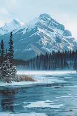 Wall Mural - Snow-capped mountains overlooking a frozen lake, with a softly blurred background of snowy trees and sky. 