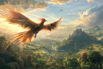 A mythical phoenix soaring over a landscape symbolizing rebirth and new journeys