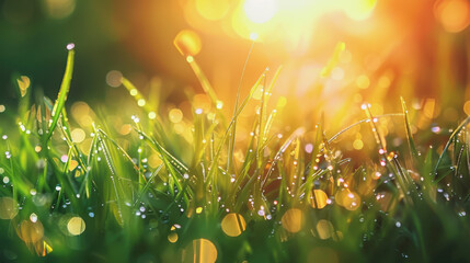 green grass with morning dew, sparkling water droplets catching sunlight