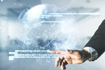 Aufkleber - Double exposure of man hand working with abstract creative programming illustration and world map on blurred office background, big data and blockchain concept