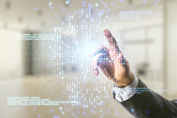 Poster - Man hand clicks on abstract virtual code skull hologram on blurred office background, cybercrime and hacking concept. Multiexposure