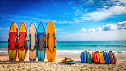 Wall Mural - Colorful surfboards and life jackets ready for water sports on a sunny beach, surfboards, life jackets, water sports, beach