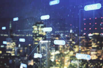 Aufkleber - Multi exposure of abstract creative coding sketch on blurry skyline background, artificial intelligence and neural networks concept