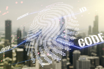Aufkleber - Multi exposure of virtual abstract fingerprint illustration on blurry skyline background, digital access concept