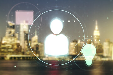 Poster - Double exposure of social network icons hologram on blurry office buildings background. Networking concept