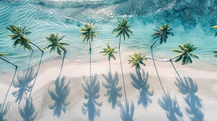 Wall Mural - Aerial view of a white sandy tropical beach that is still pristine and beautiful with coconut trees and blue sea. serene and peaceful atmosphere to relax