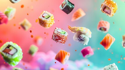 Wall Mural - Colorful sushi pieces floating in the air against a vibrant backdrop.