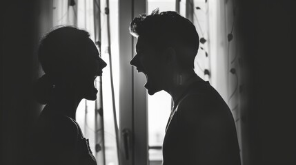 Silhouette of a couple arguing behind closed doors - Young man and woman in heated exchange.