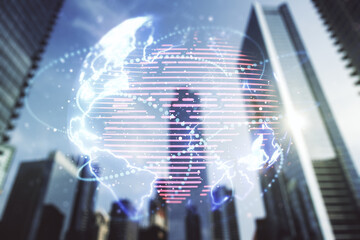 Aufkleber - Abstract virtual world map with connections on office buildings background, international trading concept. Multiexposure