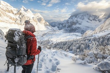 Person Cold. Hiking in Snow near San Pellegrino Pass, Dolomite Alps, Trentino-Alto Adige, Europe