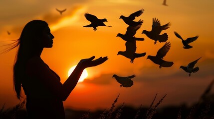 Silhouette of Doves fly into the woman hands against the background of a sunny sunset during prayer.
