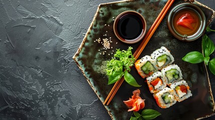 Wall Mural - Cucumber, avocado, tomato, cream cheese, and wakame rolls served on a plate. Soy sauce, wasabi, and ginger are included. Japanese food that is typically eaten for lunch in restaurants.