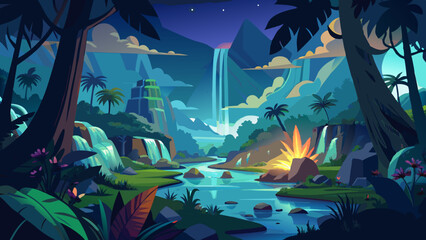 award winning poster, polynesian tropical Forest in Eden, night time, cosmical and heavenly landscape, rivers and small waterfalls, magical and mystic ambiance