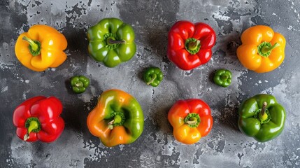 Wall Mural - Colorful bell peppers on modern concrete surface Red orange yellow and green Flat lay top view