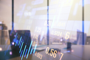 Poster - Multi exposure of abstract creative financial chart and modern desktop with laptop on background, research and analytics concept
