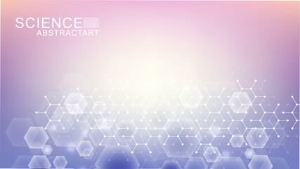 Poster - Modern scientific background with hexagons, lines and dots. Wave flow abstract background. Molecular structure for medical, technology, chemistry, science. Vector illustration