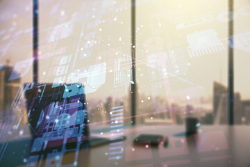 Aufkleber - Multi exposure of abstract programming language hologram and modern desk with computer on background, artificial intelligence and machine learning concept