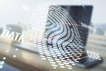 Aufkleber - Abstract creative fingerprint illustration and modern desktop with pc on background, personal biometric data concept. Multiexposure