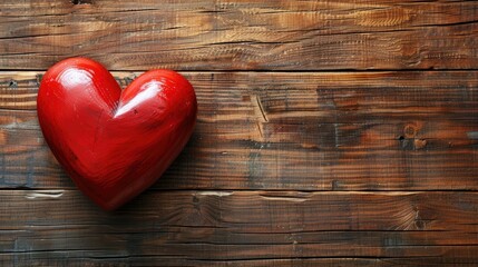 Sticker - Top view of a red heart on a wooden table for Valentine s Day with space for text