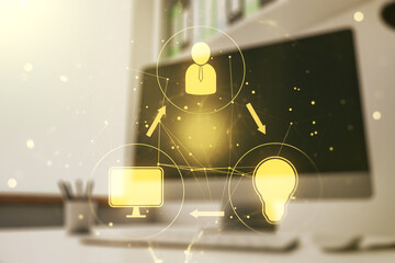 Aufkleber - Double exposure of social network icons concept and modern desktop with laptop on background. Marketing and promotion concept