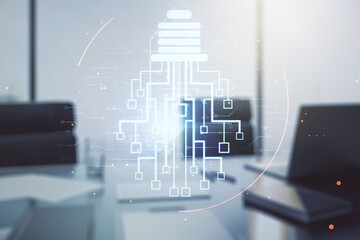 Poster - Creative idea concept with light bulb and microcircuit illustration and modern desktop with computer on background. Neural networks and machine learning concept. Multiexposure