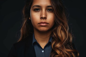 Wall Mural - Young businesswoman with brown hair Close up of a businesswoman isolated on black background. Portrait of a woman in formal wear looking at camera