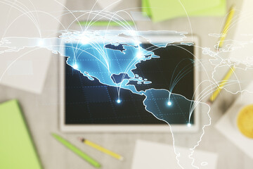 Poster - Double exposure of abstract digital world map with connections and modern digital tablet on background, big data and blockchain concept