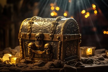 Skull and crossbones on a treasure chest with lantern bokeh lights.