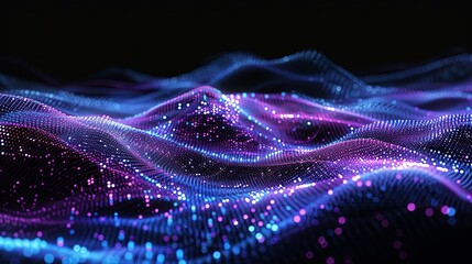 Wall Mural - Abstract digital wave of glowing particles in blue and purple hues. Flowing digital data, futuristic technology background concept for big data, AI, or cyberspace.