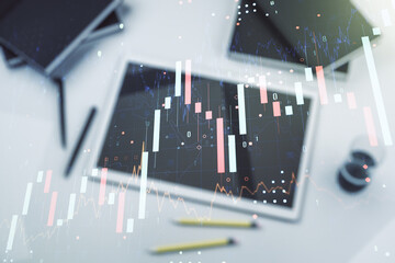 Poster - Abstract creative financial graph and modern digital tablet on background, top view, forex and investment concept. Multiexposure